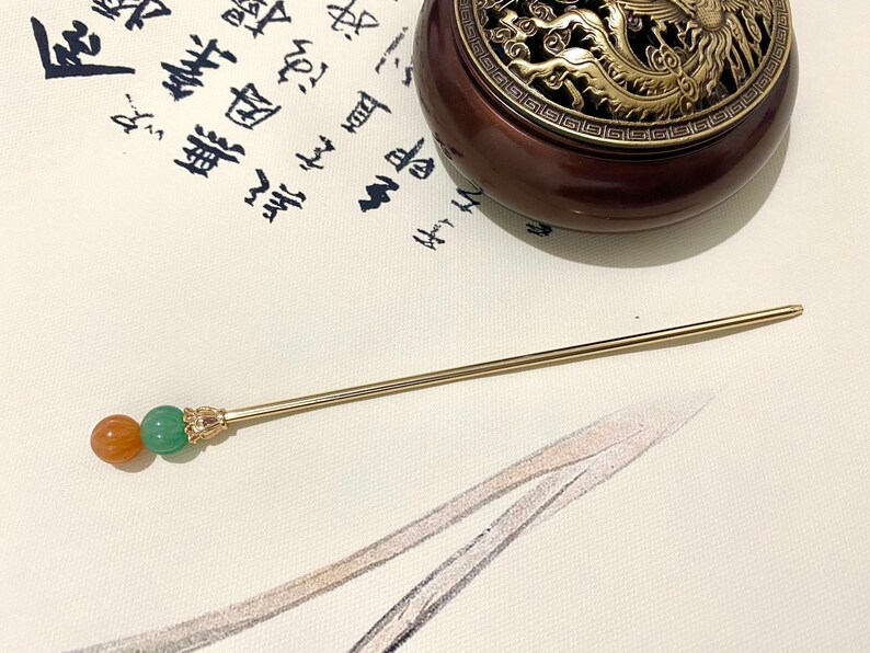 Kürbis-Kupfer Haarstab-Gold Haarstäbchen-Jade Haarnadel-Haarstab für lange Haare-Chinesische Haarnadel-Stäbchen-Edelstein-Weihnachtsgeschenk Bild 3
