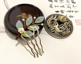 Garfo de cabelo em forma de flor de cristal checo - Bastão de cabelo banhado a ouro 14k