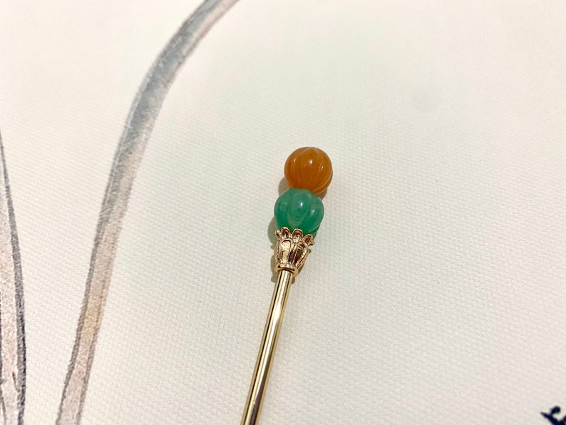 Kürbis-Kupfer Haarstab-Gold Haarstäbchen-Jade Haarnadel-Haarstab für lange Haare-Chinesische Haarnadel-Stäbchen-Edelstein-Weihnachtsgeschenk Bild 4