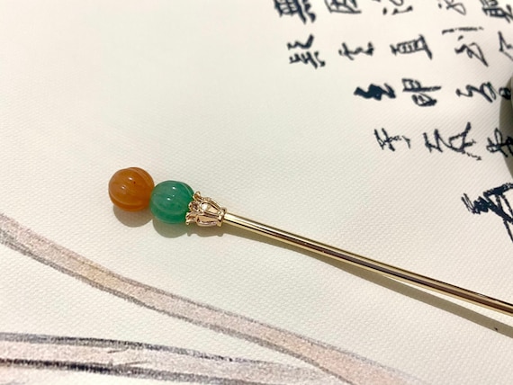 Pumpkin Bead-Copper Hair stick-Gold hair sticks-Jade hair pin-hair sticks for long hair-Chinese hair pin-chopstick-Gemstone-Christmas gift