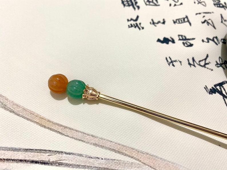 Kürbis-Kupfer Haarstab-Gold Haarstäbchen-Jade Haarnadel-Haarstab für lange Haare-Chinesische Haarnadel-Stäbchen-Edelstein-Weihnachtsgeschenk Bild 1