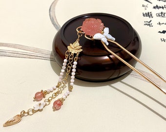 Cherry Quartz koperen haarstokken vlinder bungelen haarspeld-Chinese haarstokken-Hanfu accessoires-Aziatische haarstokken lang haar-gouden haarstok