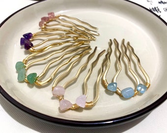 Mini copper hair forks-Gemstone hair Fork-Gemstone hair sticks-gold decorative hair forks-small hair fork-gift for her
