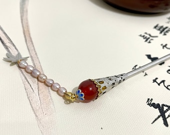 Kupfer Haarstab-Rote Edelstein Blume Blüte-Baumeln Haarstab-Chopstick-Chinesische Haarnadel-Silber Haarstäbchen-Weihnachtsgeschenk