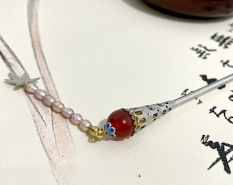 Copper Hair stick-Red Gemstone Flower Blossom-Dangle Hair stick-Chopstick-Chinese Hair pin-silver hair sticks-Christmas gift