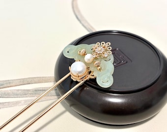 Jade Wolke Haarstab: 14k Gold Perle Haarnadel, Hanfu Accessoire