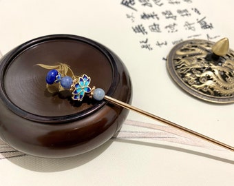 Palillo para el cabello de aventurina azul: cobre bañado en oro de 14 k, lapislázuli