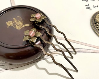 Mini Cherry Quartz Hair Fork - Flower Bronze Hair Pin