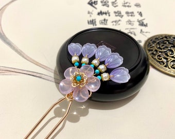 Antique purple Czech Crystal Flower Cherry Blossom Hair Sticks-Wedding hair jewelry hair fork-Chinese hair pin-Minimalist-gift for her