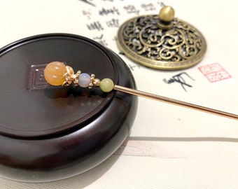Goldene Jade-Kupfer Haar Sticks Haarnadeln Stäbchen-Edelstein Haar Sticks-Chinesische Haar Sticks-Haar Sticks Lange Haare-Gold Hair Sticks-Cosplay