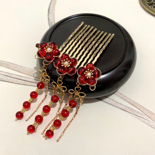 Red Bridal hair comb decorative plum flower Hair comb Hair Pins Gemstone Hair accessories Chinese Hair Sticks Hair Sticks Long Hair Gold