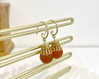 Antique dangle/drop earrings-authentic orange Agate earring-Perfect Round bead-Gold earrings-wire earrings-wedding earrings-Christmas gift