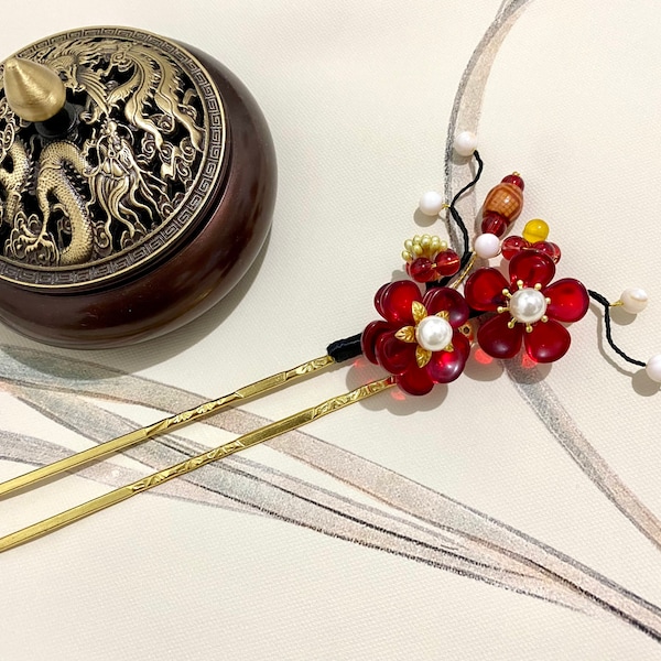 Antique HANDMADE Red Czech Crystal Flower Plum Blossom Hair Sticks-Hair comb for wedding-Chinese hair pin-Bridal hair fork-Gold hair stick