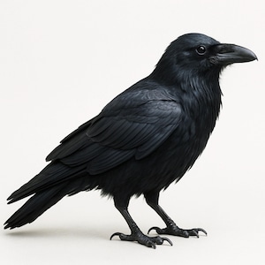 Könnte beinhalten: Detaillierte Darstellung eines Raben. Das Gefieder ist strukturiert, der Schnabel markant. Der Vogel steht auf zwei Beinen vor einem weißen Hintergrund, wodurch seine elegante Form und realistischen Details hervorgehoben werden. Ein eindrucksvolles Bild.