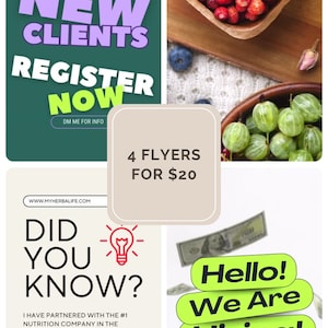 Puede incluir: Cuatro folletos por $ 20. Los folletos anuncian una empresa de nutrición y una oportunidad de trabajo. Un folleto dice "Ahora aceptamos nuevos clientes. Regístrese ahora. DM me para más información." Otro folleto dice "¿Sabías que? Me he asociado con la empresa de nutrición número 1 del mundo para ayudar a mi comunidad a no solo estar saludable, sino también a ayudarlos a generar ingresos adicionales. Si tú h..." Otro folleto dice "¡Hola! ¡Estamos contratando! Comenta "Dinero" a continuación para obtener más información." El último folleto dice "Resultados de los clientes" y muestra un tazón de bayas rojas.