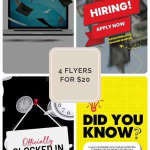 Puede incluir: Cuatro folletos por $ 20. Los folletos son para un seminario web sobre cómo ganar dinero, una oferta de trabajo para un entrenador de transformación, un programa de acondicionamiento físico y una empresa de nutrición.