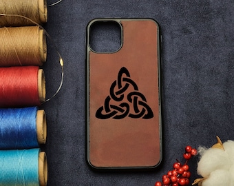 Triquetra Leather iPhone 15 Case Celtic Trinity Knot Phone 14 Sleeve Irish Symbol Knotwork Symbolism Triple Goddess Triskelion Triple Spiral