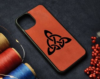 Funda para iPhone 15 con nudo celta, funda Triquetra para iPhone 14 con nudo de la Trinidad, funda de cuero con diseño celta para iPhone 13, funda Triquetra para iPhone 12