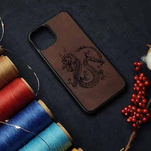 Dragon Design iPhone 15 Case Fantasy Phone Cover Mythical Accessories Handcrafted Leather Goods Personalized iPhone Case Unique Phone Cover