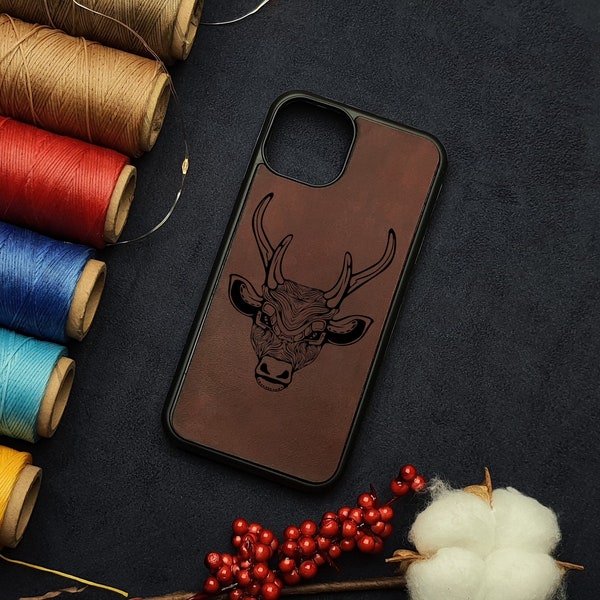 Deer Forest Wolf Bear Mountain Deer Wilderness Wildlife Leather Custom Personalized Shockproof iPhone Slim Custom Case