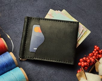 Cartera de clip de dinero de cuero, cartera de cuero para hombre, carteras para él, regalos para hombres