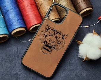 IPhone 12 ケース: ブラック PUレザーに虎の刺繍 - Etsy 日本