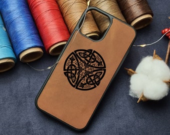 Funda de cuero personalizada para iPhone 11, 12, 13, 14, 15 Pro Max, Mini Plus, regalo, nudo celta, triquetra, runas vikingas nórdicas celtas, Yggdrasil