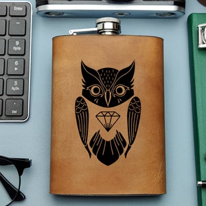 Cartoon Owl Cute Scary Birds Animals Face Head Night Travel Mandala Yoga Women Girlfriend Personalized Monogram Leather Custom 9 Oz Flask