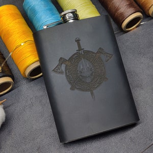 Odin Axe Shield Norse Nordic Viking Icelandic Runes Pagan Ancient Leather Custom 9 oz Hip Steel Flask Xmas Gift