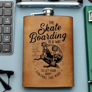 Skateboarding Leather Flask, Skaters Groomsmen, Skate Personalized, Boy On Skateboard Husband Gift, Skate Lover Men Gift, Boyfriend Logo