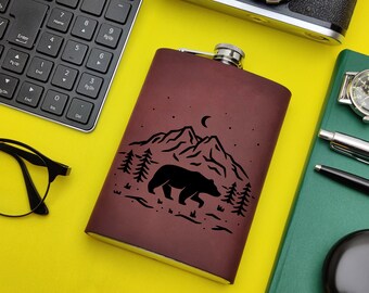 Bear Hip Flask Cute Bear Gift Cartoon Bear Logo Adventure Decor Nature Personalized Gift Bear Monogram Leather Custom Wedding Husband Flask
