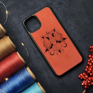 Sigil von Baphomet Gehörn Goth Teufel Schädel Satan Leder Custom iPhone 11 12 13 14 15 Pro Max Mini Plus Xs Max Slim Case