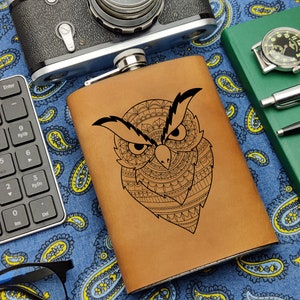 Owl Gift Leather Custom Men Flask Xmas Gift Halloween Gift Mandala Owl Gift Owl Groom Owl Decor Owl Logo Owl Design Owl Husband Owl Groom