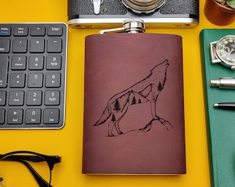 Personalized Flask Engraved Steel Wolf Moon Forest Wedding Groomsmen Men Flask Groomsmen Husband Wolf Forest Flask Leather Wrapped Flask