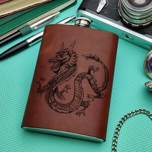 Dragon Flask, Fire Monogram, Breathing Tribal Hip Steel, Chinese Personalized, Dragon Man GIft, Fantasy Animals Groom, Custom Leather Flask