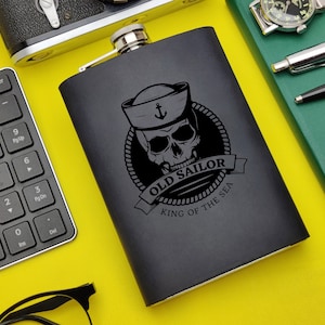 Sailor Skull Kraken Sea Ocean Monster Captain Ship Anchor Sailboat Lighthouse Leather Custom Personalized Husband Groom Hip Steel 9oz Flask