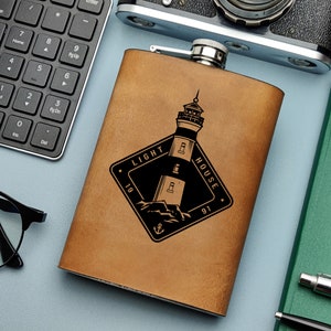 Lighthouse Night Star Anchor Ship Sailboat Captain Personalized Leather Custom Flask Pier Gift Surf Beach Full Moon Sea Ocean Groomsmen Gift