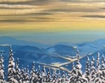 May include: A snowy winter landscape painting with a yellow and blue sky, a line of snow-covered evergreen trees in the foreground, and a range of blue mountains in the distance.