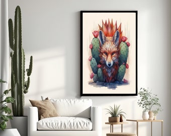Red Fox & Cactus Framed Art Print: Desert Wildlife Poster