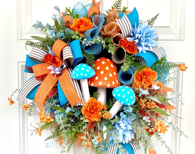 Fall Wreath With Mushrooms for Front Door, Wreath With Mushrooms Door ...