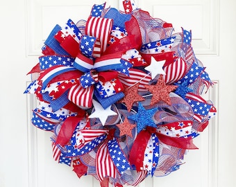 Patriotic Wreaths for 4th of July, Patriotic Mesh Wreaths, Memorial Day Decor, 4th of July Wreaths, Red White & Blue Wreath, Patriotic Decor