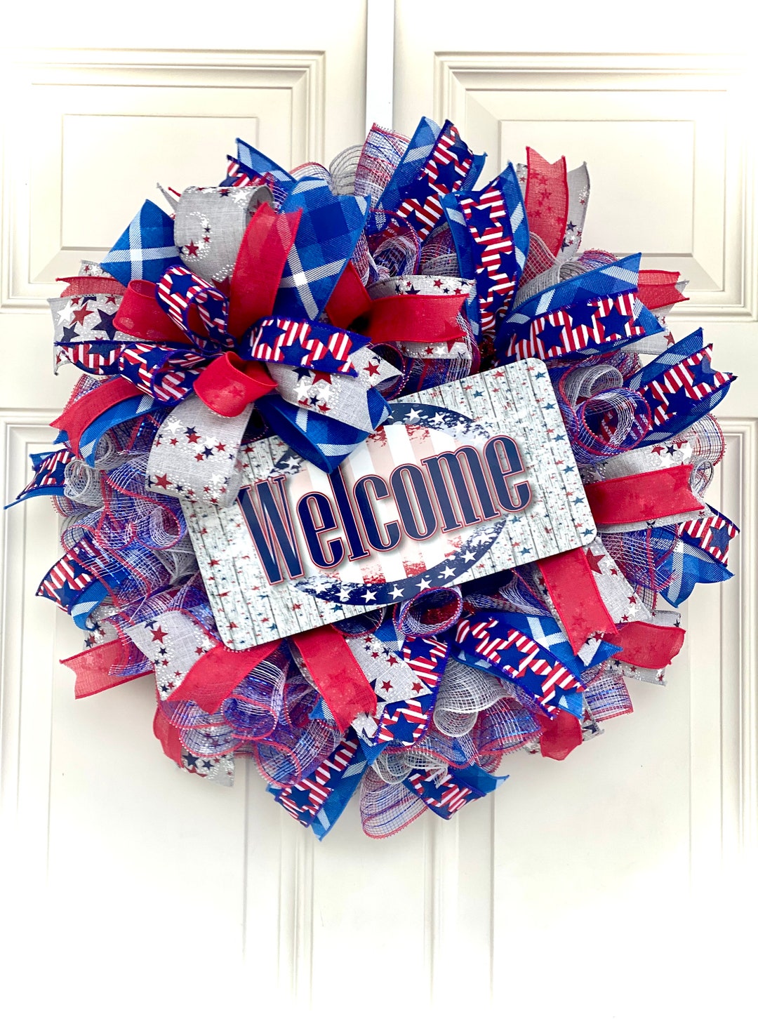 4th of July Patriotic Wreaths for Front Door, Patriotic Mesh Wreath ...