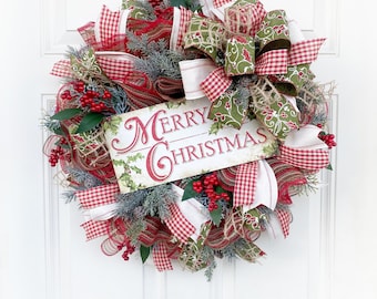 Christmas Wreath with Sign for Front Door, Merry Christmas Wreath, Wreath for Christmas, Holiday Wreath, Primitive Christmas Wreath