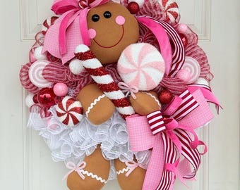 Corona navideña de jengibre, decoración navideña con bastones de caramelo rosas