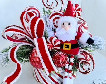 Peppermint Santa Christmas Centerpiece, Candy Cane Holiday Table Decor