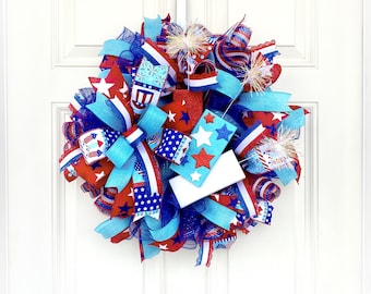 Patriotic Wreath for Front Door, Red White Blue Mesh Wreath, 4th of ...