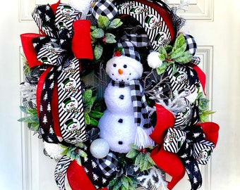 Snowman Winter Wreath: Checkered Mesh, Holiday Door Decor