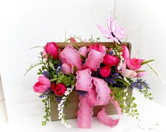 Tulip Floral Arrangement, Farmhouse Spring Centerpiece, Butterfly Home Decor