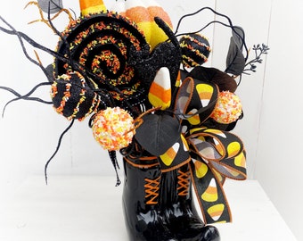 Halloween Table Decor, Halloween Centerpiece, Candy Corn Decor, Witch Halloween Table Decor, Candy Corn Halloween Arrangement, Desk Decor