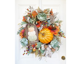 Ghirlanda autunnale per porta d'ingresso, ghirlanda autunnale con zucche, ghirlanda per l'autunno, ghirlanda di zucche per l'autunno, decorazioni autunnali per porte con zucche